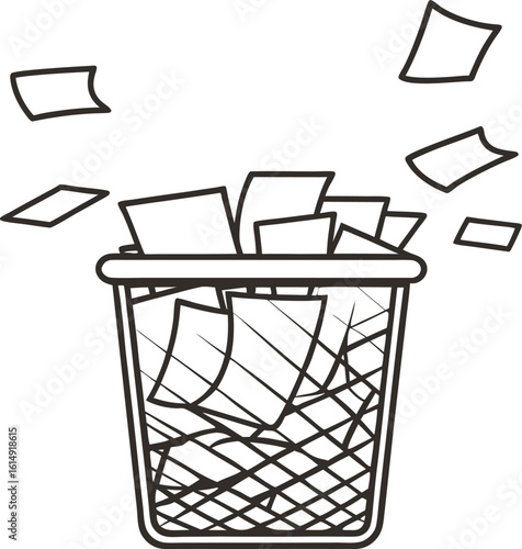 Office wastebasket overflowing with scrap paper discarded documents, clutter, paperwork, recycling, organization concept