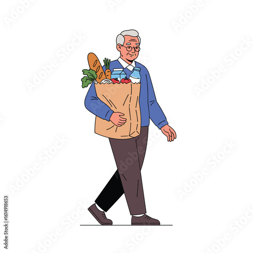 Elderly gentleman carrying a shopping bag full of groceries home after a successful shopping trip