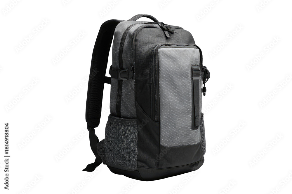 Fototapeta premium Gray and black backpack, front view, studio shot
