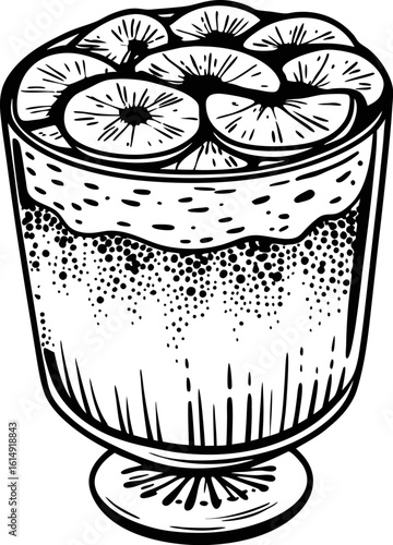Layered chia pudding dessert with banana slices in glass cup healthy breakfast or snack, plant based nutrition illustration