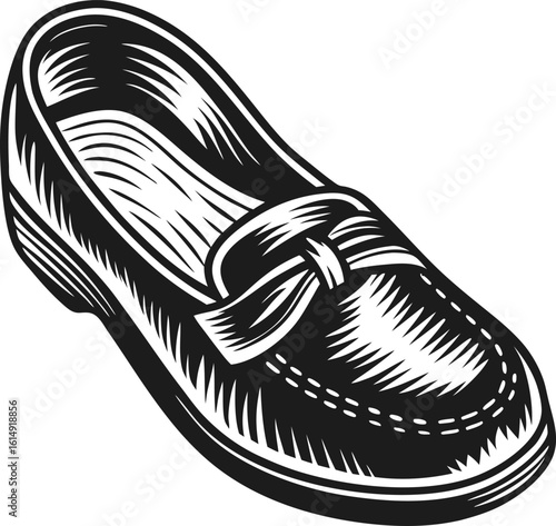 Classic loafer shoe illustration black and white hand drawn sketch footwear design, elegant slip on fashion accessory
