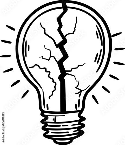 Broken light bulb with crack and shining lines failed idea concept, damaged innovation, creativity risk, hand drawn illustration