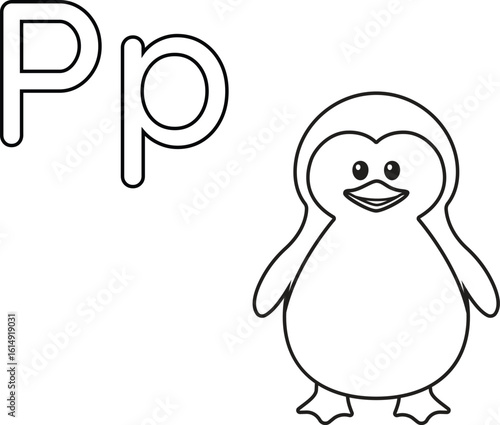 Isolated Alphabet coloring page letter P with penguin. Good for preschool learning, early literacy activities, homeschooling, and printable worksheets