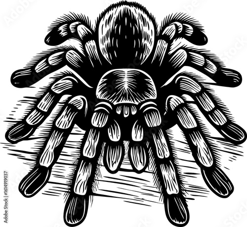 Detailed tarantula illustration isolated on white black ink spider drawing, realistic hairy arachnid, nature and wildlife concept
