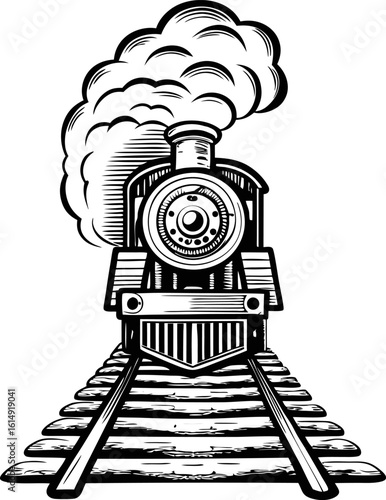 Vintage steam locomotive on railway tracks, front view old fashioned train engine transportation, black and white retro illustration