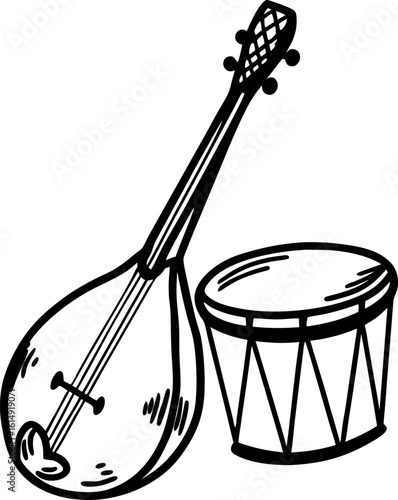 Traditional stringed lute and hand drum illustration folk musical instruments, vintage sketch style, cultural celebration concept