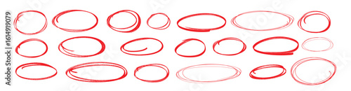 Red pen drawn marks, red circle set, highlight circle. Charcoal pen round ovals. Set of doodle ellipses. Scribble ovals, marker round elements isolated on a white background.	
