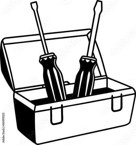 Toolbox with two screwdrivers inside simple black and white illustration for maintenance, repair, handyman, construction, diy projects