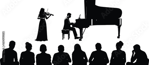 Silhouette of piano and violin duet performing on stage with audience, classical music concert, elegant performance, seated viewers, musical harmony