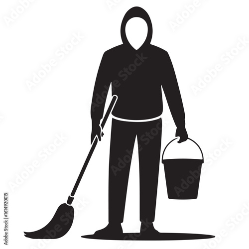 Hooded Janitor Silhouette – Mop & Bucket Cleaning Clipart