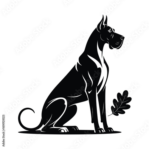 Majestic black great dane sitting with oak leaf silhouette