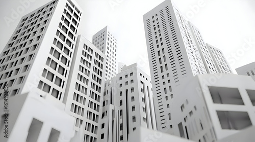 Modern city skyline, low angle view, abstract, architectural model, white buildings