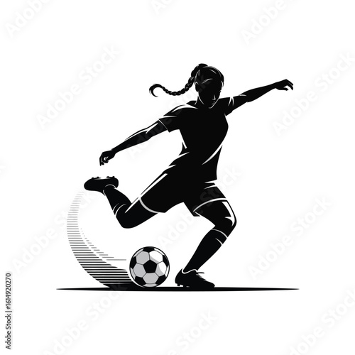 Silhouette of a female soccer player kicking a ball with motion blur