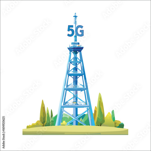 5G communication tower for wireless hi-speed internet. Mobile network technology in city life concept. LTE aerial connection with satellite net. Mast of station of the broadcasting cellular