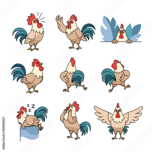 Collection of cartoon roosters in various poses and expressions showing their personalities through their actions