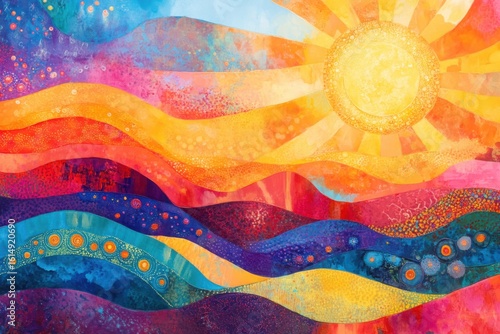 Radiant sun over colorful undulating terrain abstract landscape