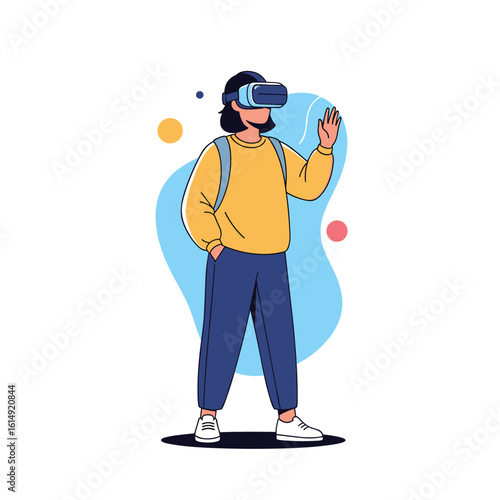 Immersive virtual reality experience with person wearing headset engaging in futuristic digital world