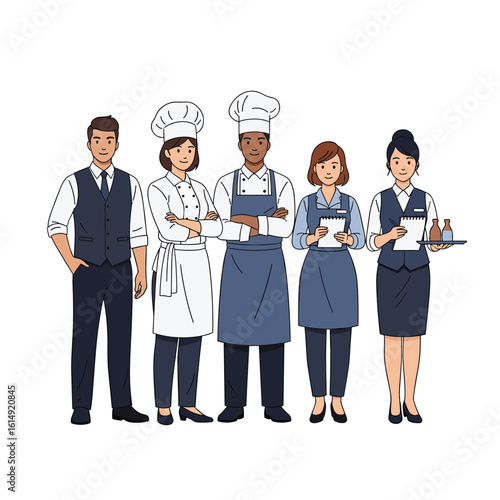 Illustrations of diverse hospitality staff members posing professionally together in uniforms