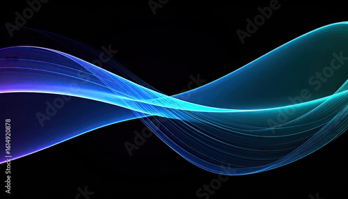 Abstract Blue And Teal Wavy Shape In Motion Against Black Background With Mesh Gradient