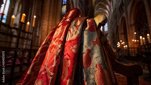 Ornate Clerical Vestments Drape a Church Pew in Soft Light