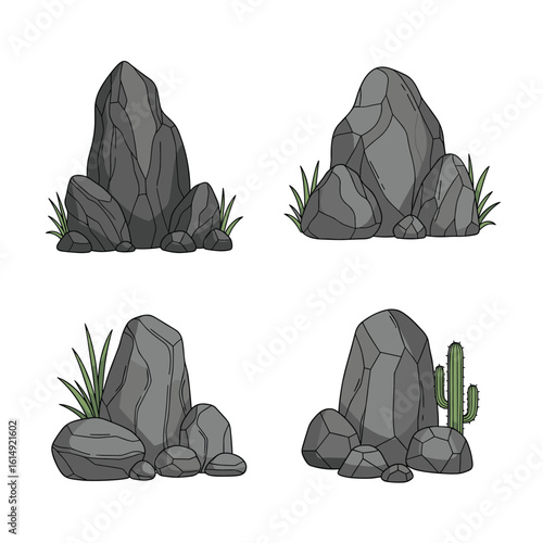 Collection of diverse rocky outcrops and desert vegetation elements for game design and artistic projects