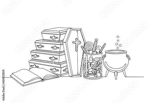 Vector art of a halloween scene with coffins, a cauldron, a candy container, and a book in black and white