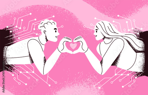 AI love concept. Digital robot couple in romantic relationship, communication...