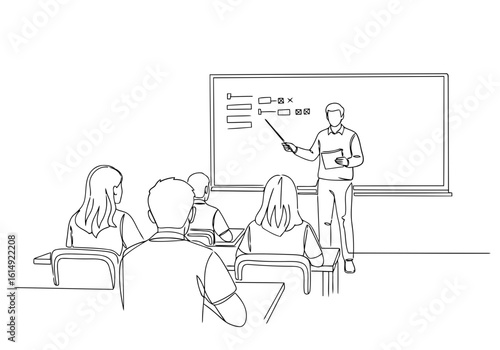 Vector art of a teacher is giving a lecture to a group of students in a classroom using a whiteboard