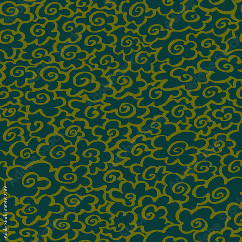 Seamless vector pattern with golden auspicious Asian clouds on dark green, ideal for fabric or book endpapers