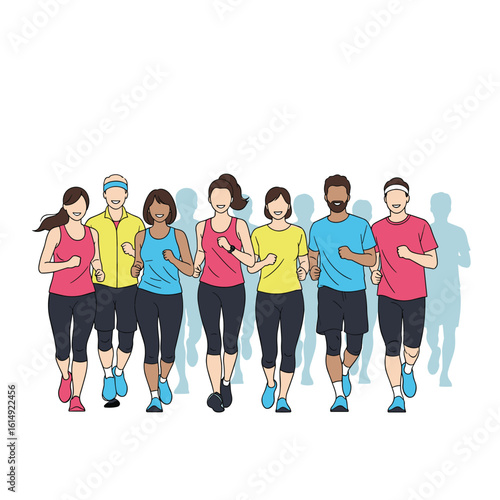 Diverse group of people running together in a fun outdoor fitness activity