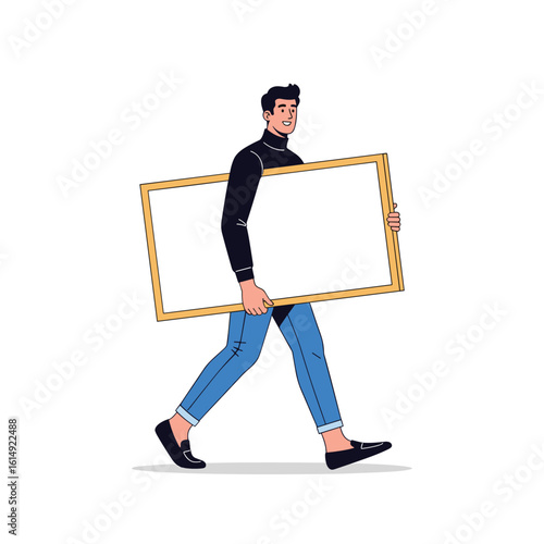 A stylish man confidently carries a blank rectangular picture frame while walking forward