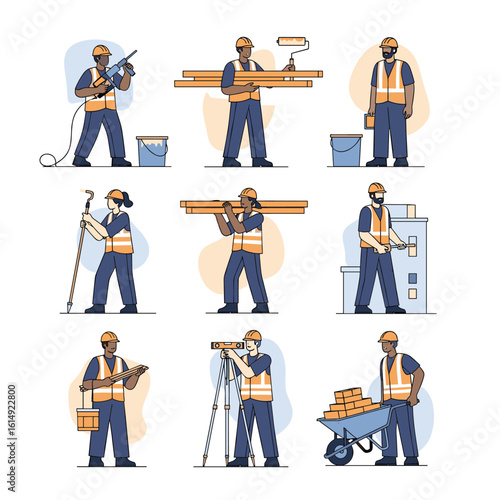 Diverse construction workers engaged in various building and surveying tasks on a project site