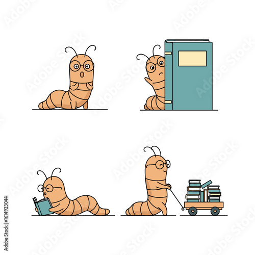 An amusing cartoon caterpillar engages with books in various delightful poses for reading enthusiasts