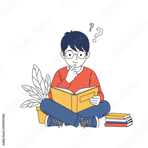 Young student with glasses contemplating while reading a book surrounded by plants and other books with a questioning look above his head