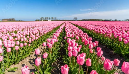 Vast field of pink tulips under a clear blue sky