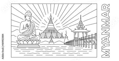 Myanmar line art illustration with Buddha statue, temples and pagodas