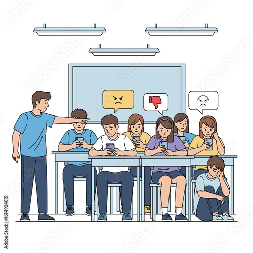 Students engrossed in mobile phones ignoring teacher and classroom activities leading to social isolation and cyberbullying concerns in educational settings