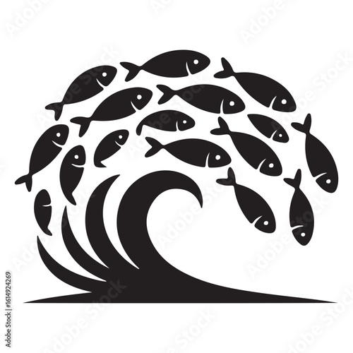 A stylized illustration of a wave with a school of fish above it in black