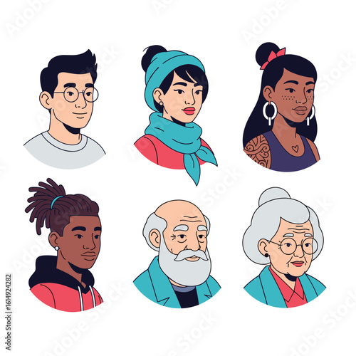 Diverse human faces collection representing various ages ethnicities and styles