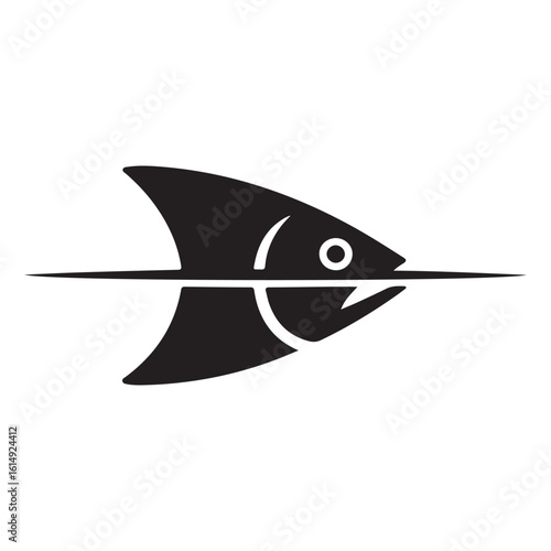 A black and white graphic of a fish with a spear through its head design