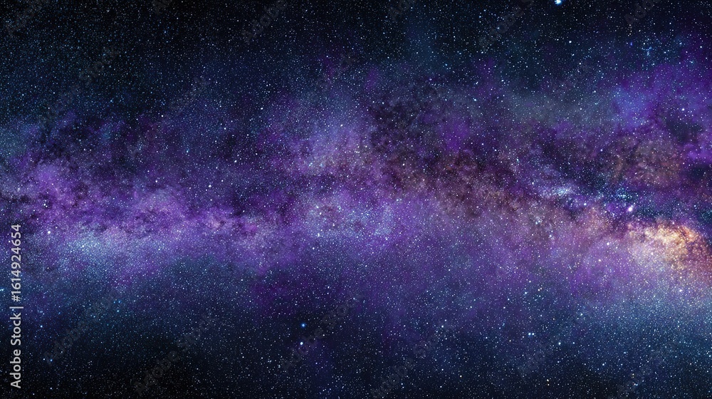 Obraz premium Panoramic Galactic Core with Colorful Stars and Purple Nebulae Against Dark Cosmos, High-Res Space Science Visualization Background