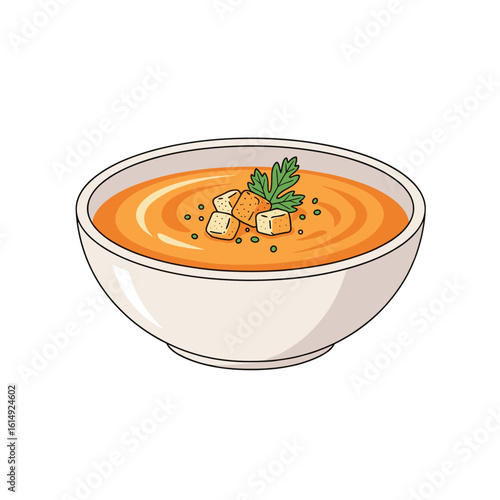 A hearty bowl of creamy tomato soup topped with golden croutons and fresh parsley garnish