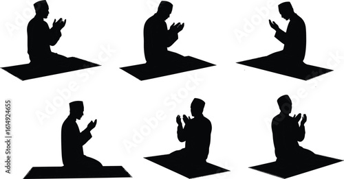 Silhouette of Muslim men praying on mats, Islamic worship, religious devotion, spiritual illustration, cad drawing flat vector illustration