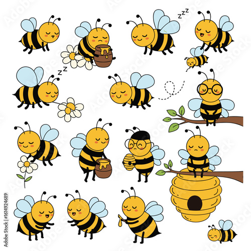 A charming collection of adorable and playful bees engaged in various activities depicting their daily lives and sweet honey production