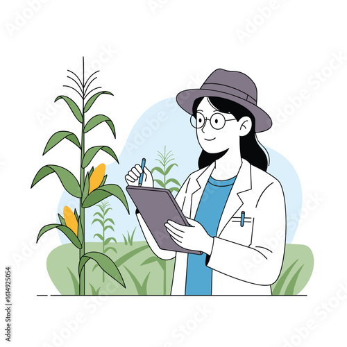 Agricultural scientist diligently examining corn plants in a vast field for research and crop development purposes