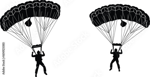 Silhouettes of parachutists in mid-air descent, canopy parachutes fully deployed, vector scene ideal for skydiving and adventure themes