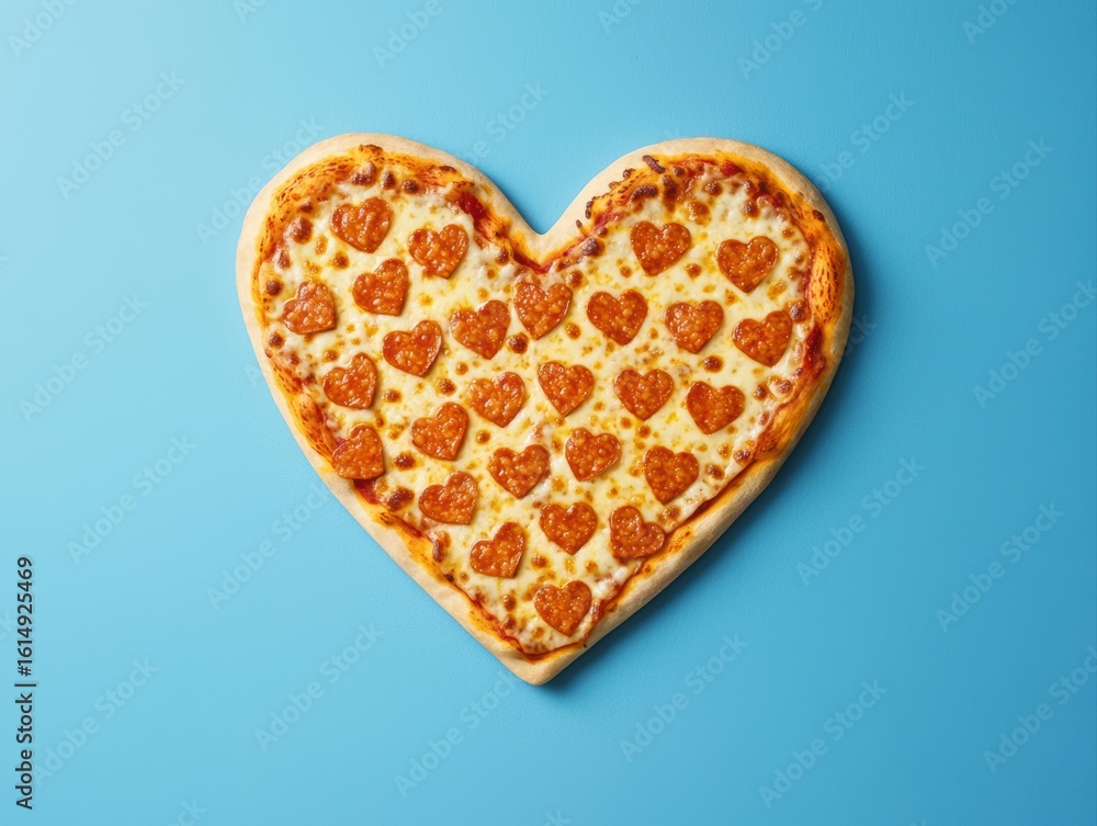 A heart-shaped pizza topped with heart-shaped pepperoni slices on a blue background. A heart-shaped pizza topped with heart-shaped pepperoni slices on a blue background.