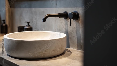 Modern stone sink with minimalist bathroom.