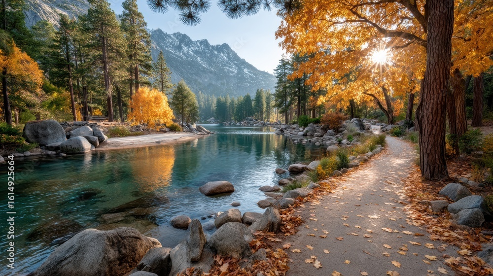 Obraz premium Exploring the Serene River Pathway Framed by Vibrant Fall Foliage and Colorful Fallen Leaves