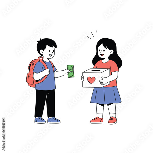 Children generously donating money to a charitable cause symbolizing generosity and kindness
